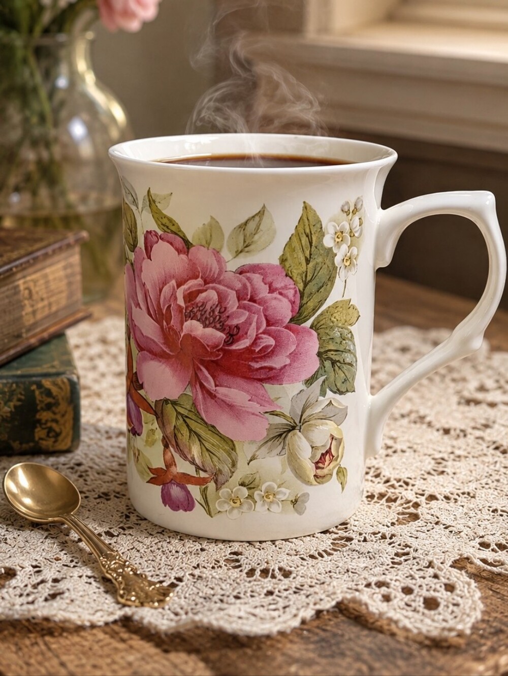 Stechcol Gracie Bone China Floral Pink Rose Bleeding Heart Porcelain Mug